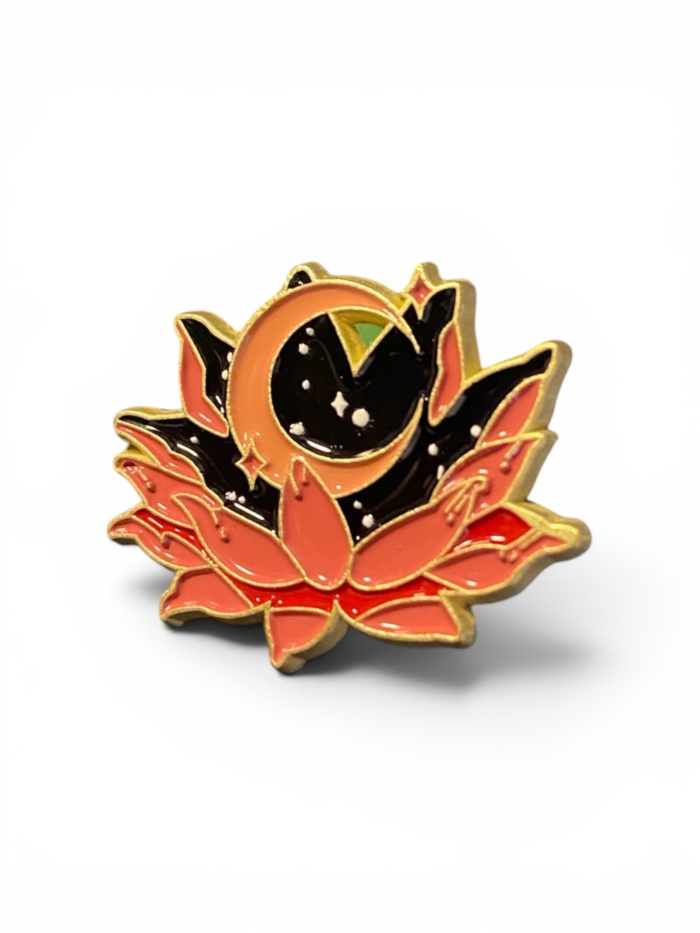 Crescent Moon Lotus Enamel Pin - Coral & Black